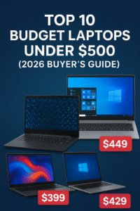 Featured image showing a collage of three budget laptops with price tags for the article Top 10 Budget Laptops Under $500 (2026 Buyer’s Guide).